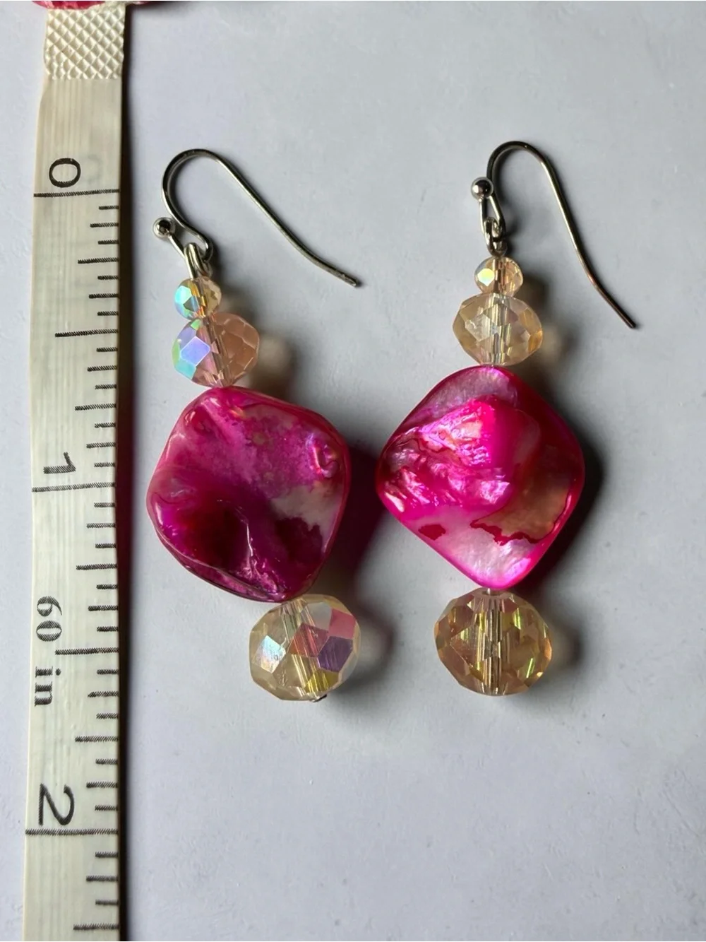 Handmade Fuchsia Mother of Pearl Wave Dangle Earrings Iridescent Crystal Mermaid